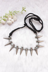 Spike Cone Shaped Metal Charms Braided in Black Thread Adjustable Length Choker Necklace