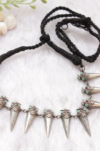 Spike Cone Shaped Metal Charms Braided in Black Thread Adjustable Length Choker Necklace