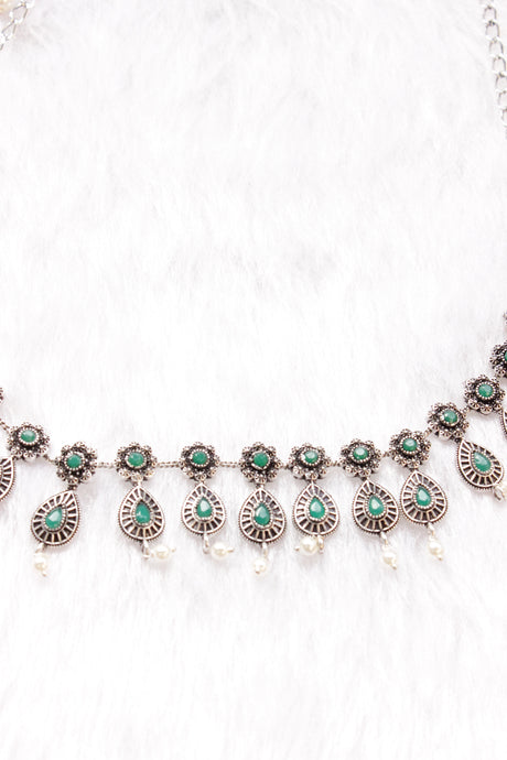 Green Stones Embedded Oxidised Silver Finish Chain Necklace Set