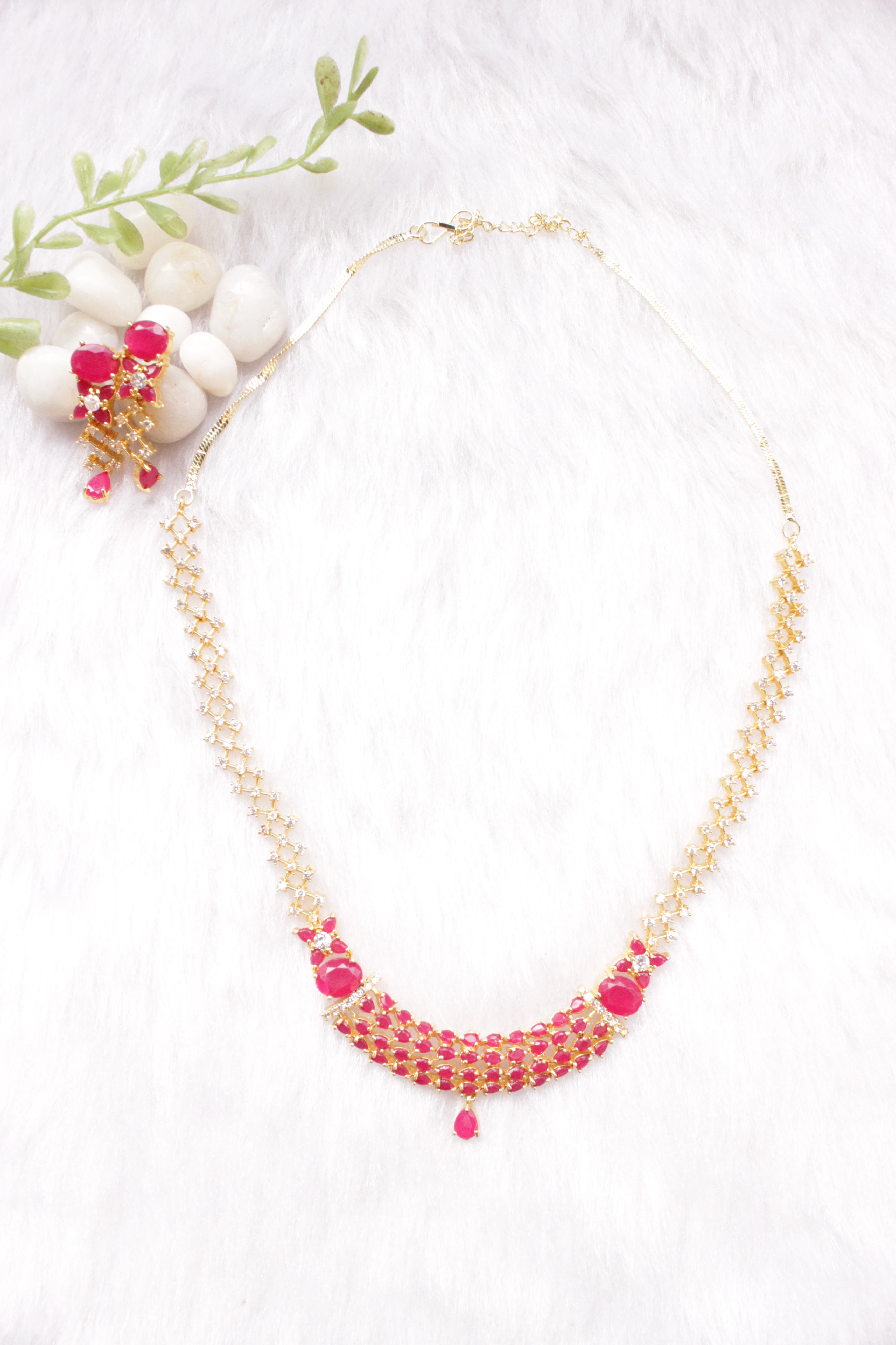 Red Ruby Stones and American Diamond Studded Delicate Gold Finish Necklace Set with Dangler Earrings