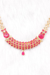 Red Ruby Stones and American Diamond Studded Delicate Gold Finish Necklace Set with Dangler Earrings