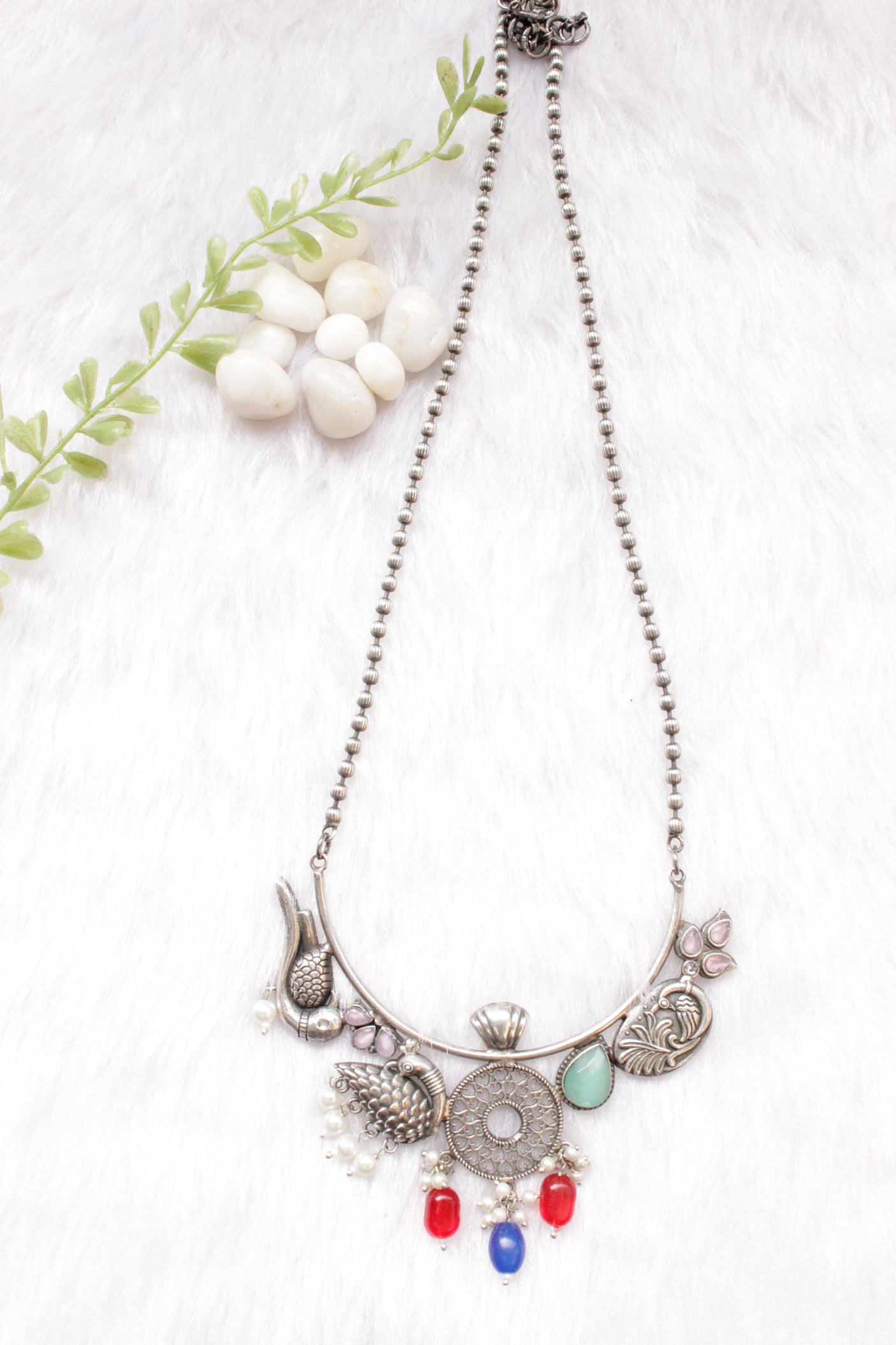 Peacock Motif Multi-Color Stones Embedded Oxidised Silver Finish Long Chain Necklace