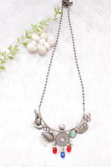 Peacock Motif Multi-Color Stones Embedded Oxidised Silver Finish Long Chain Necklace