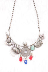 Peacock Motif Multi-Color Stones Embedded Oxidised Silver Finish Long Chain Necklace