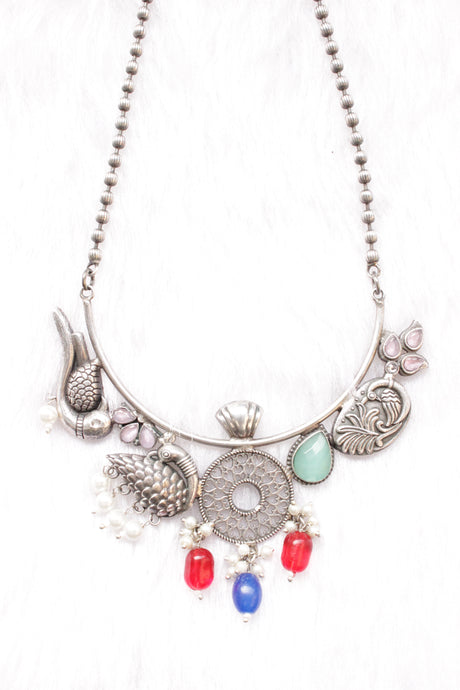 Peacock Motif Multi-Color Stones Embedded Oxidised Silver Finish Long Chain Necklace