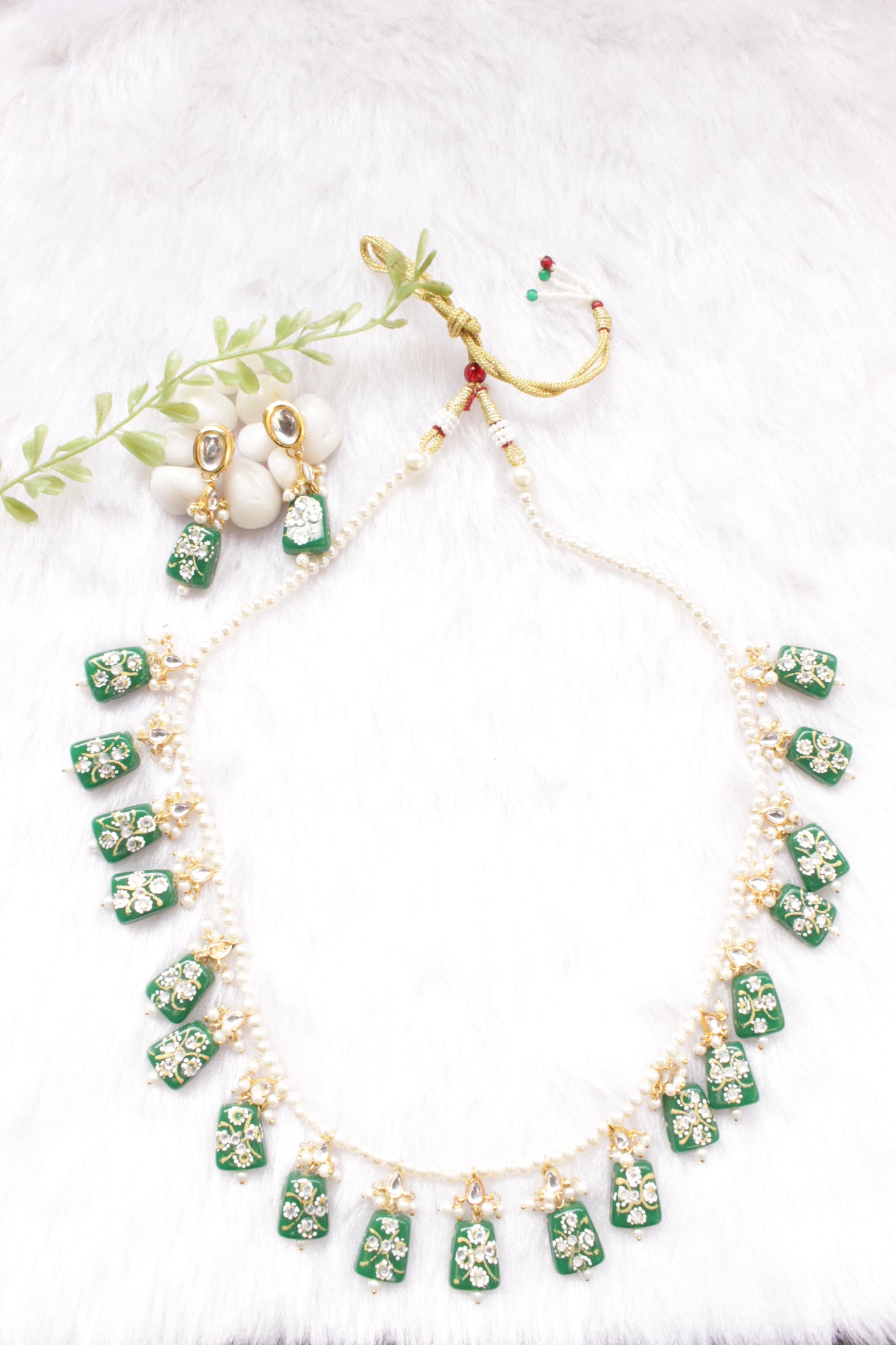 Hand Painted Meenakari Acrylic Beads Braised with White Beads and Kundan Stones Embedded Necklace Set