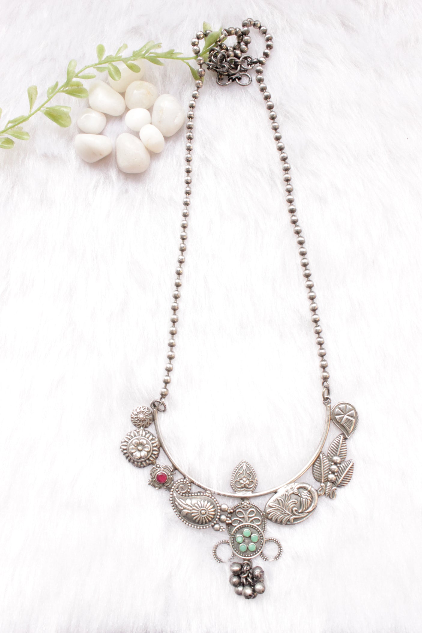 Peacock, Leaves & Flower Motifs Stones Embedded Oxidised Silver Finish Long Chain Necklace