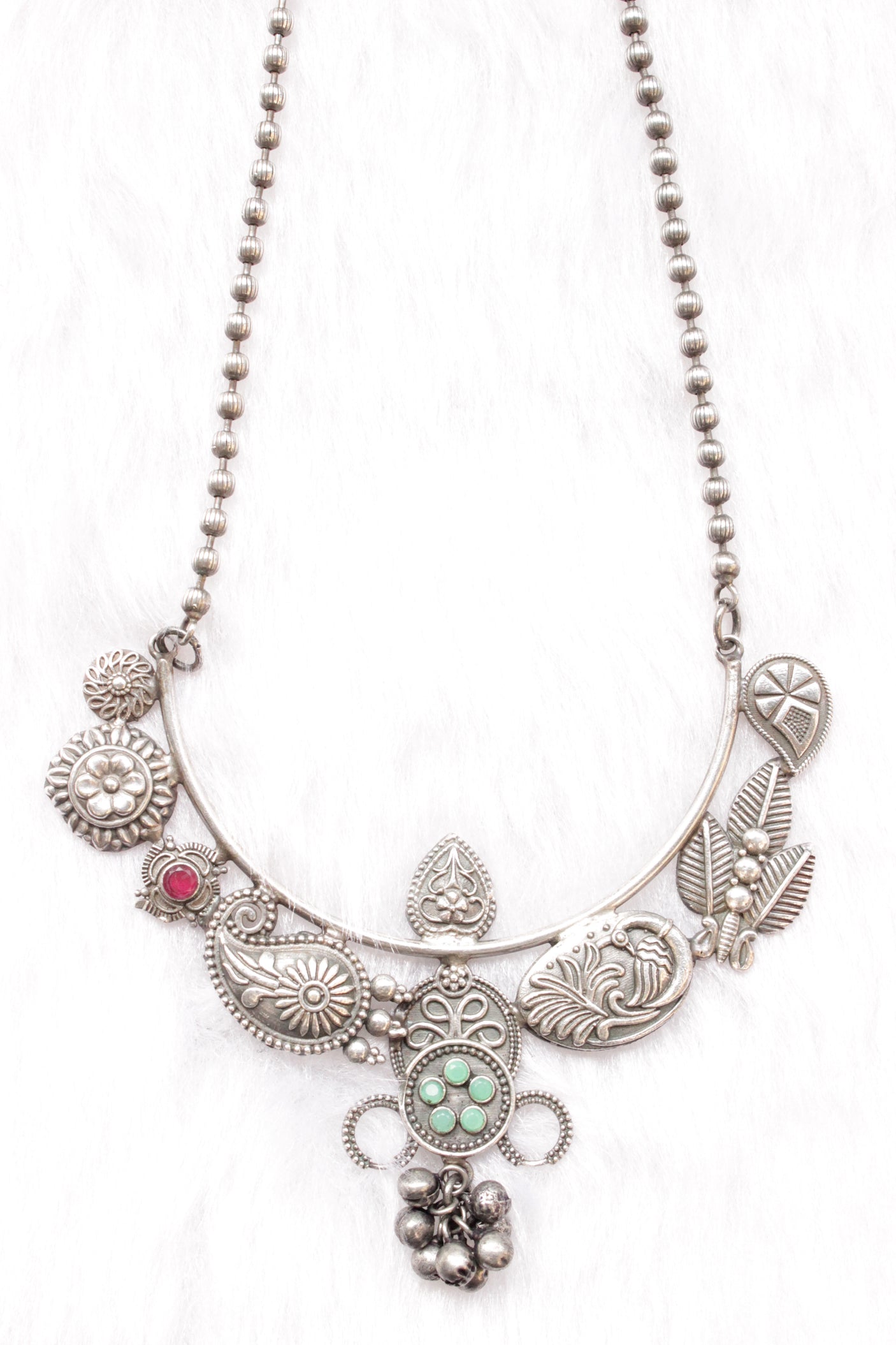 Peacock, Leaves & Flower Motifs Stones Embedded Oxidised Silver Finish Long Chain Necklace
