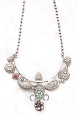 Peacock, Leaves & Flower Motifs Stones Embedded Oxidised Silver Finish Long Chain Necklace