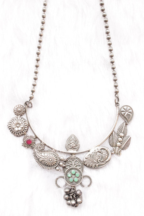 Peacock, Leaves & Flower Motifs Stones Embedded Oxidised Silver Finish Long Chain Necklace