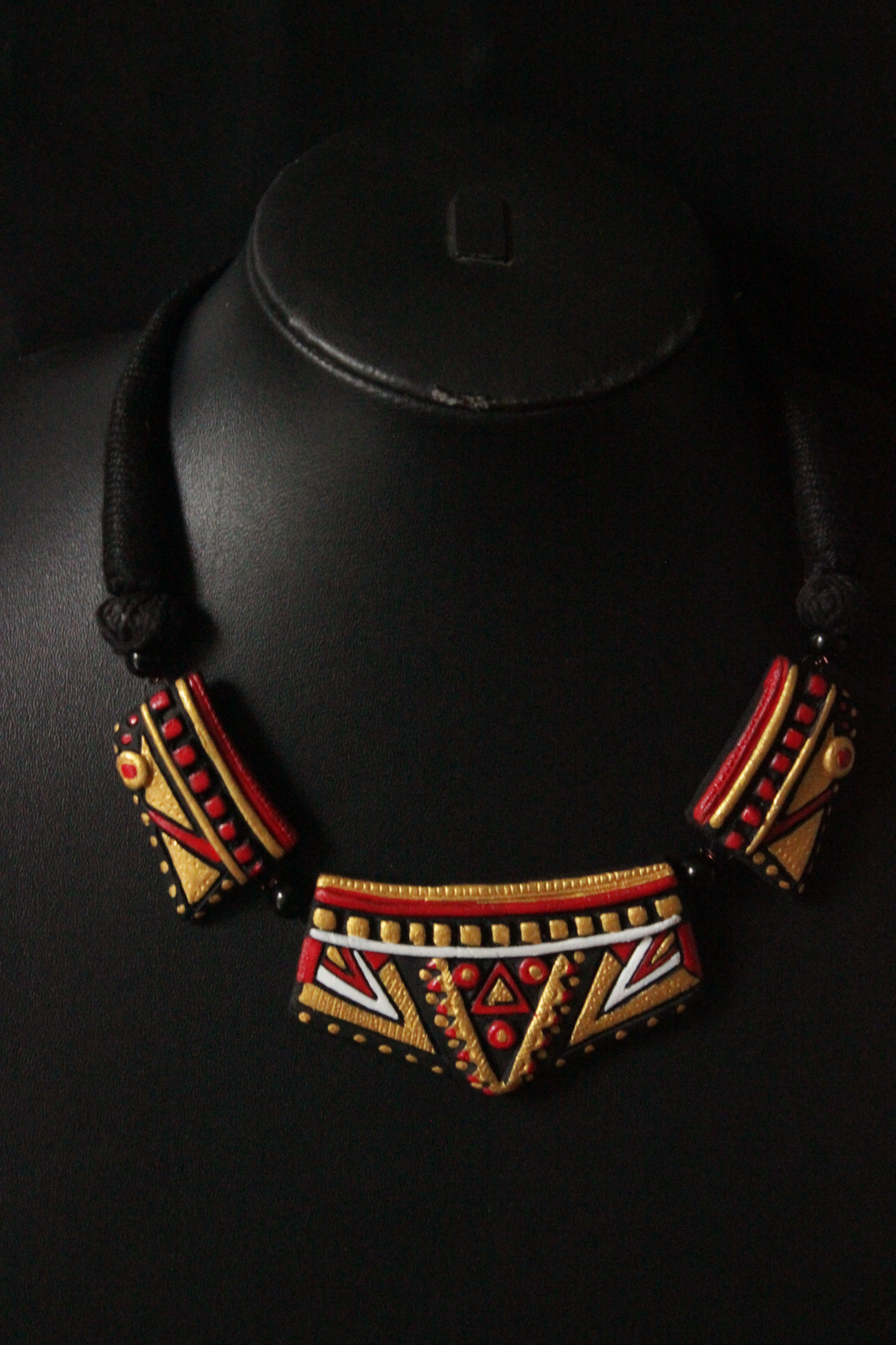 Elegant Black & Golden Handcrafted Terracotta Clay Necklace Set with Thread Closure