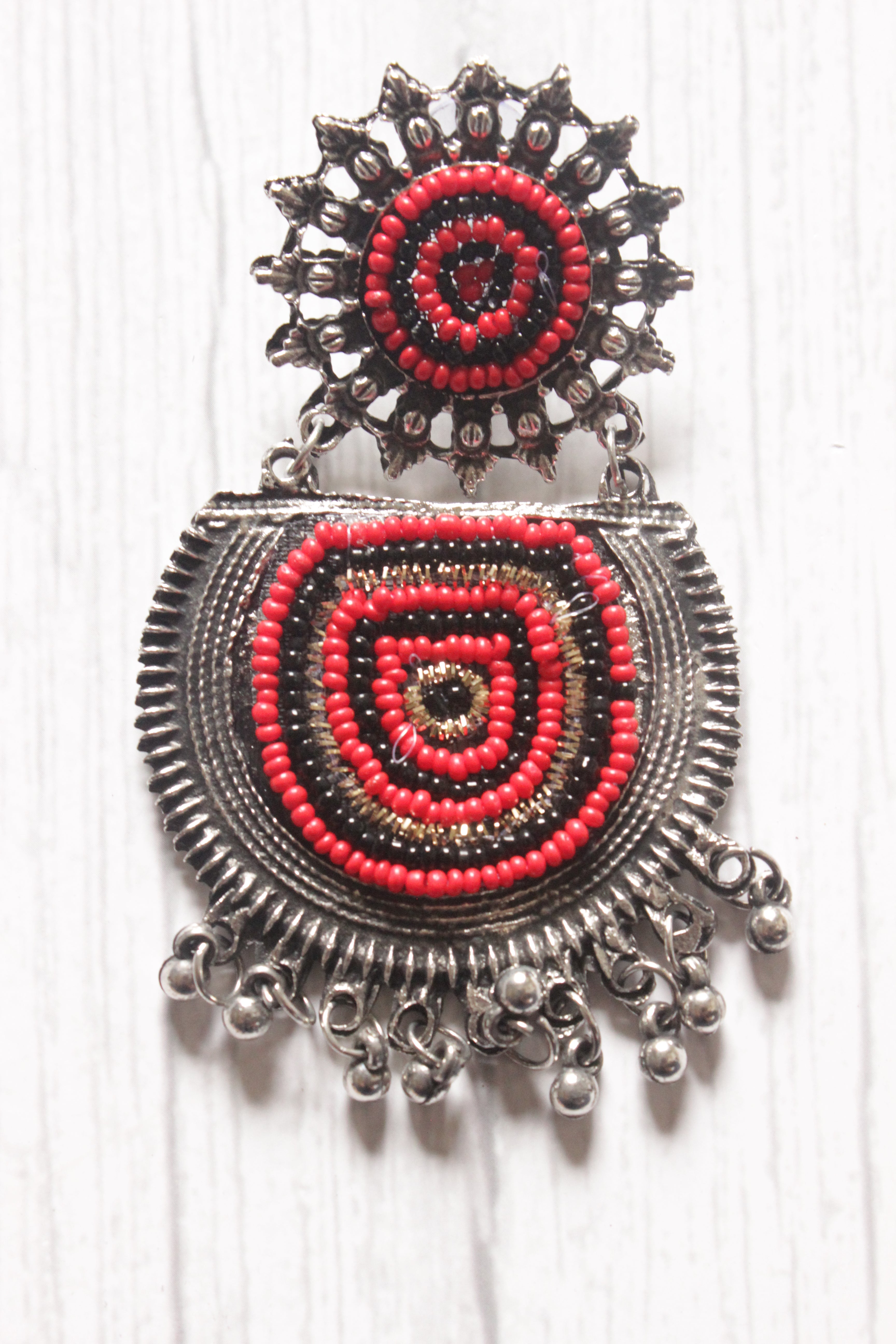 Red & Black Beads Oxidised Silver Dangler Earrings