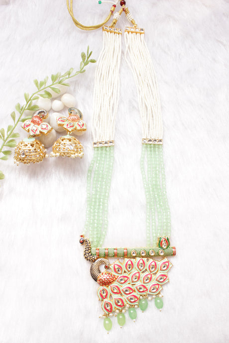 Kundan Stones Embedded Enamel Painted Peacock and Bansuri Motif Pendant Multi-Layer Turquoise Beads Necklace Set