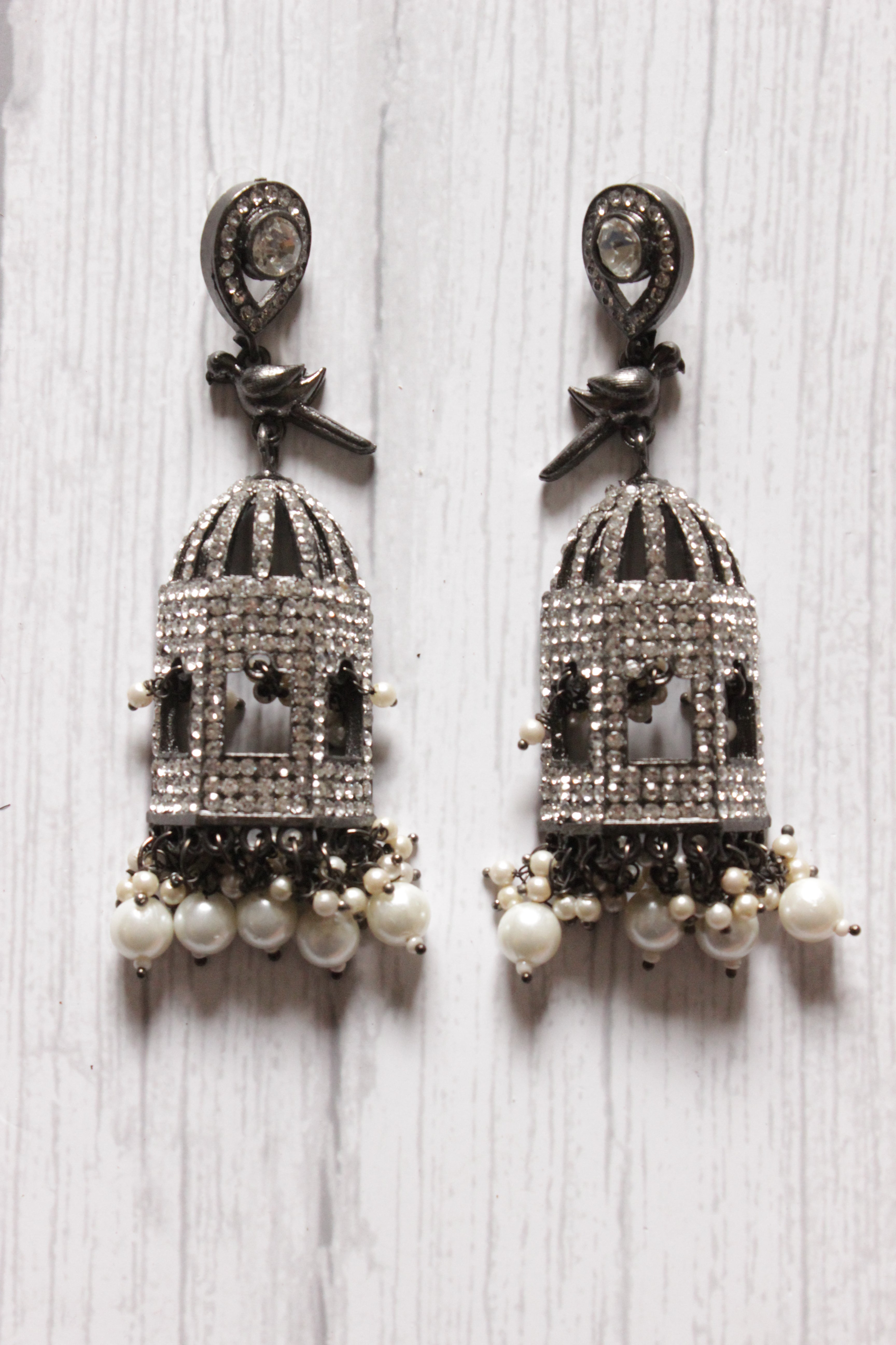 American Diamond Studded Mahal Shape Jhumka Earrings Embellished with White Beads