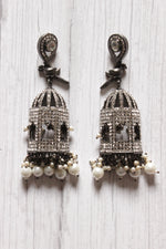 Load image into Gallery viewer, American Diamond Studded Mahal Shape Jhumka Earrings Embellished with White Beads
