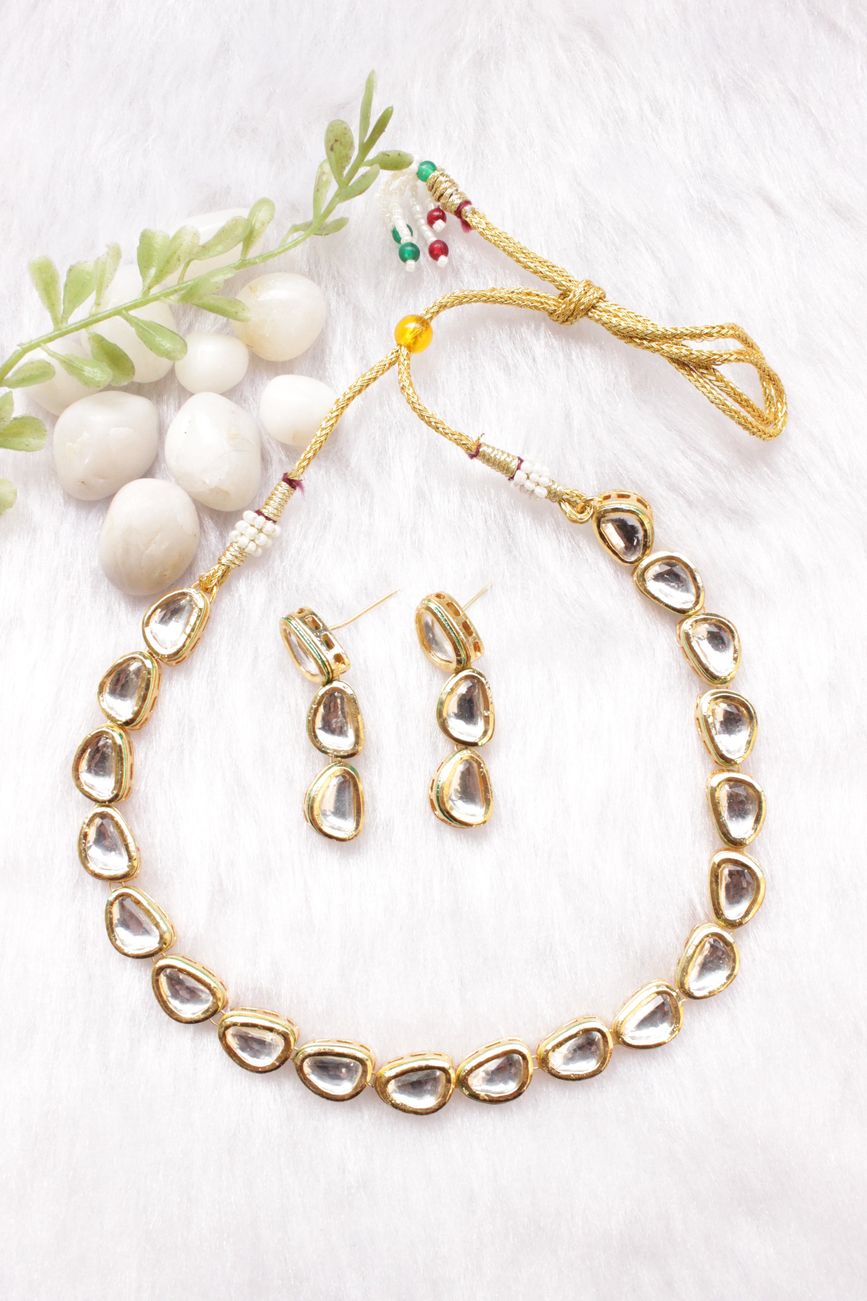 Tear Drop Shaped Kundan Stones Embedded Gold Finish Necklace Set