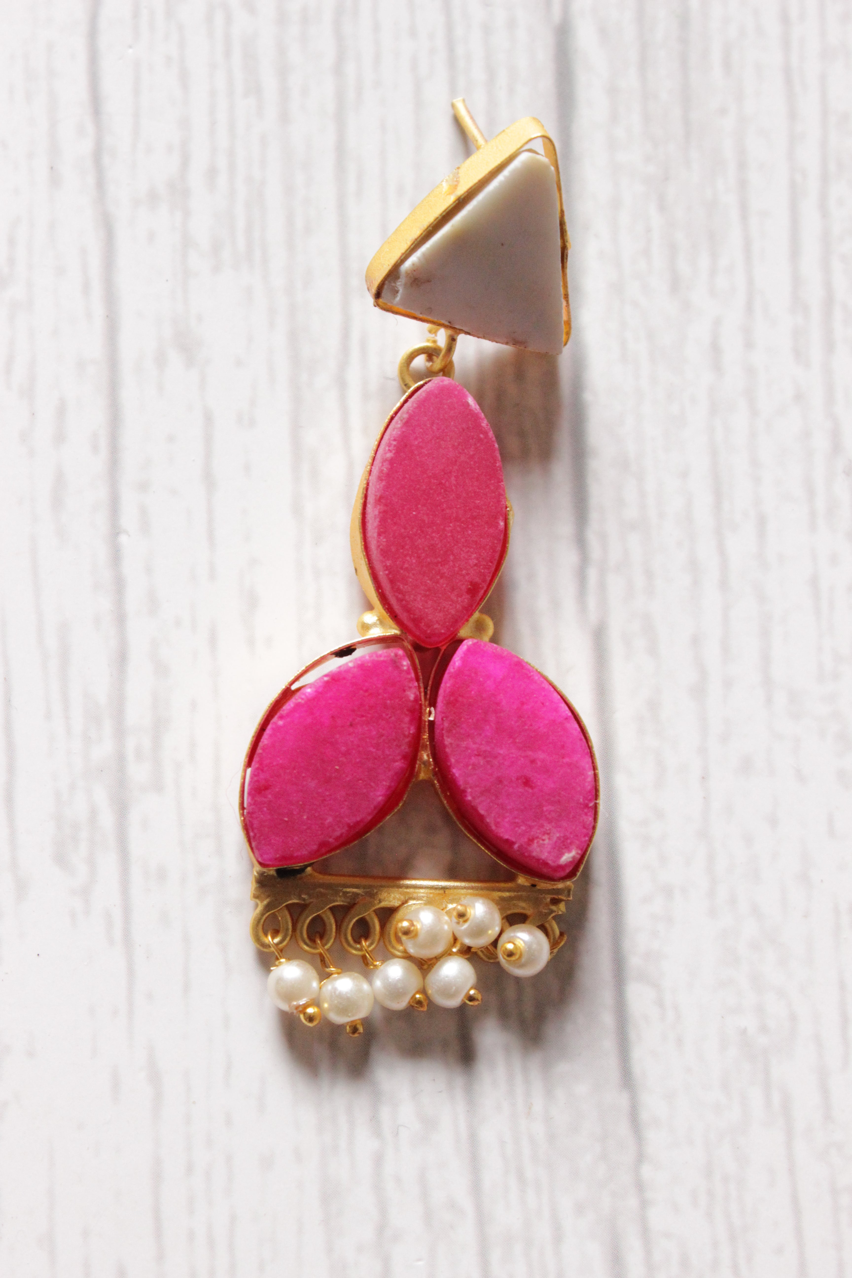 Fuchsia Natural Stones Embedded Brass Dangler Earrings