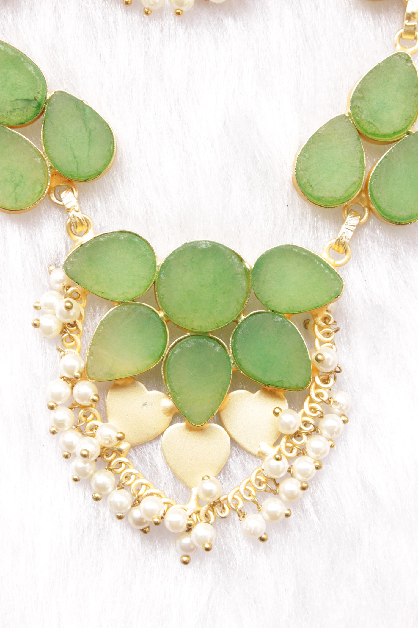 Sea Green Raw Natural Glass Stones Embedded Gold Toned Adjustable Length Necklace Set