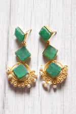 Load image into Gallery viewer, 3 Layer Sea Green Natural Stones Embedded Brass Dangler Earrings Embellished with White Beads
