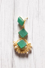 Load image into Gallery viewer, 3 Layer Sea Green Natural Stones Embedded Brass Dangler Earrings Embellished with White Beads
