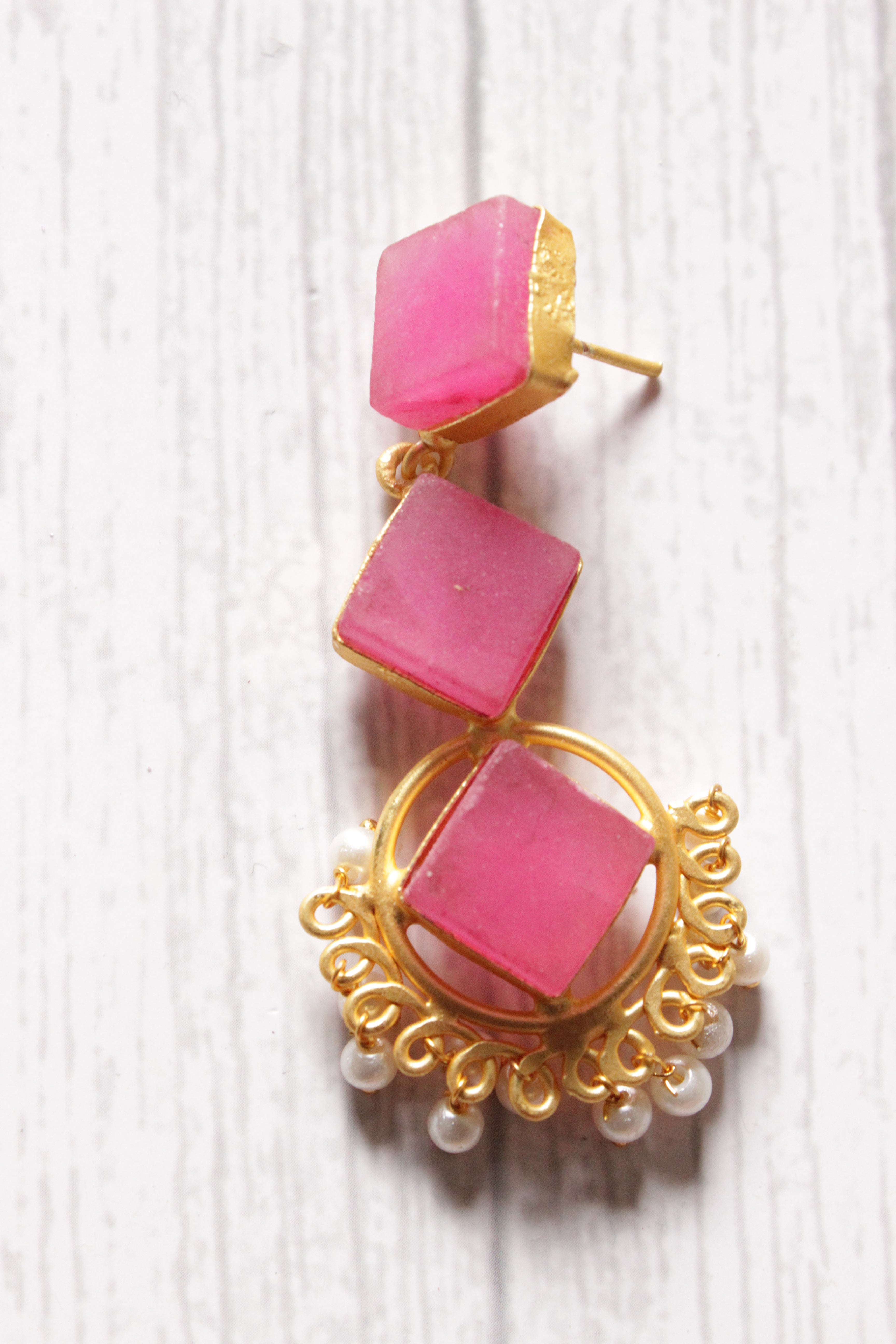 3 Layer Pink Natural Stones Embedded Brass Dangler Earrings Embellished with White Beads
