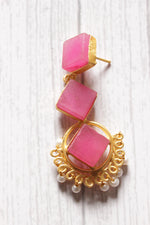 Load image into Gallery viewer, 3 Layer Pink Natural Stones Embedded Brass Dangler Earrings Embellished with White Beads
