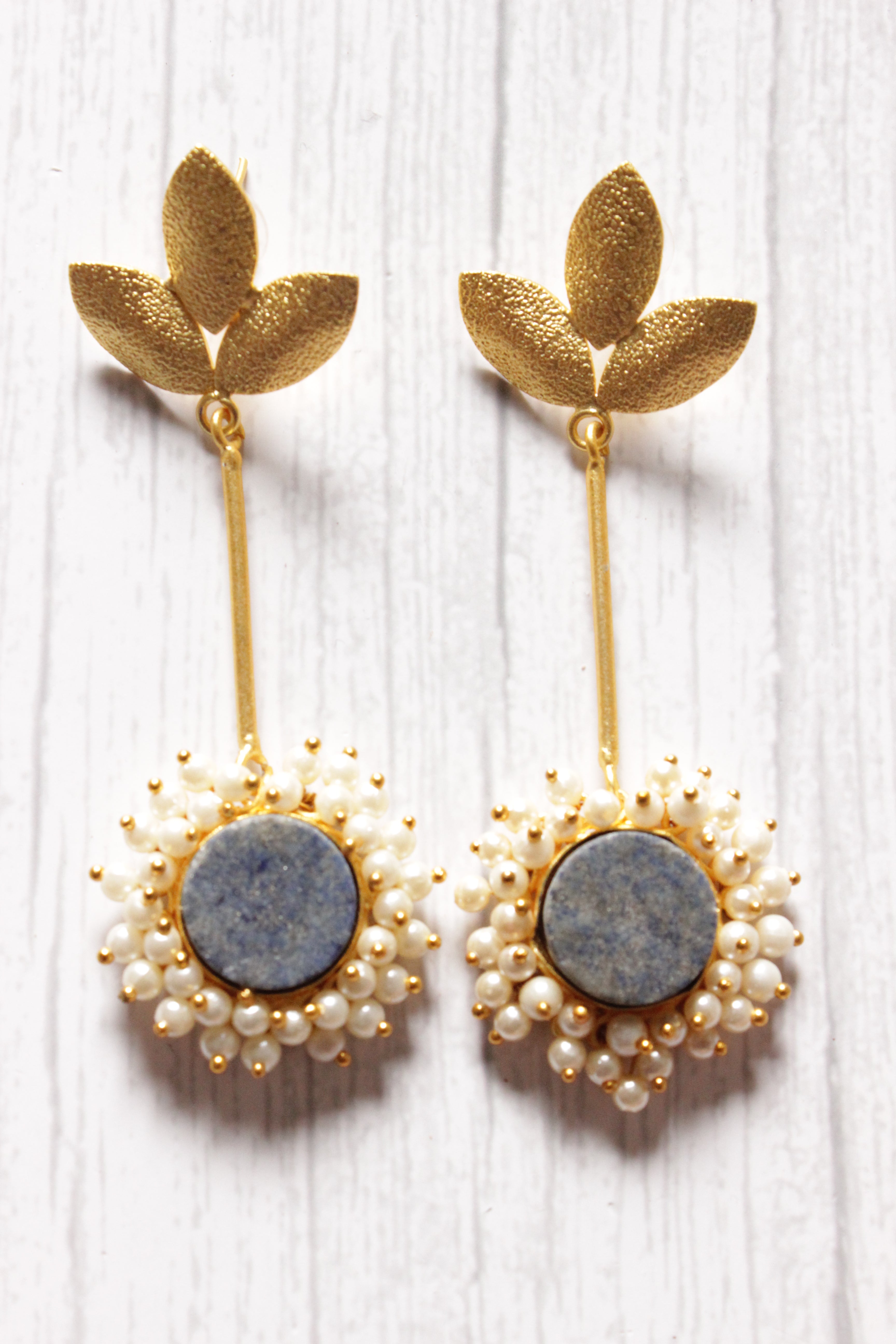 Grey Natural Stones Embedded Brass Dangler Earrings Embellished with White Beads