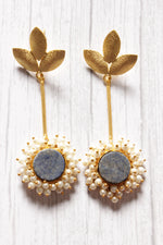 Load image into Gallery viewer, Grey Natural Stones Embedded Brass Dangler Earrings Embellished with White Beads
