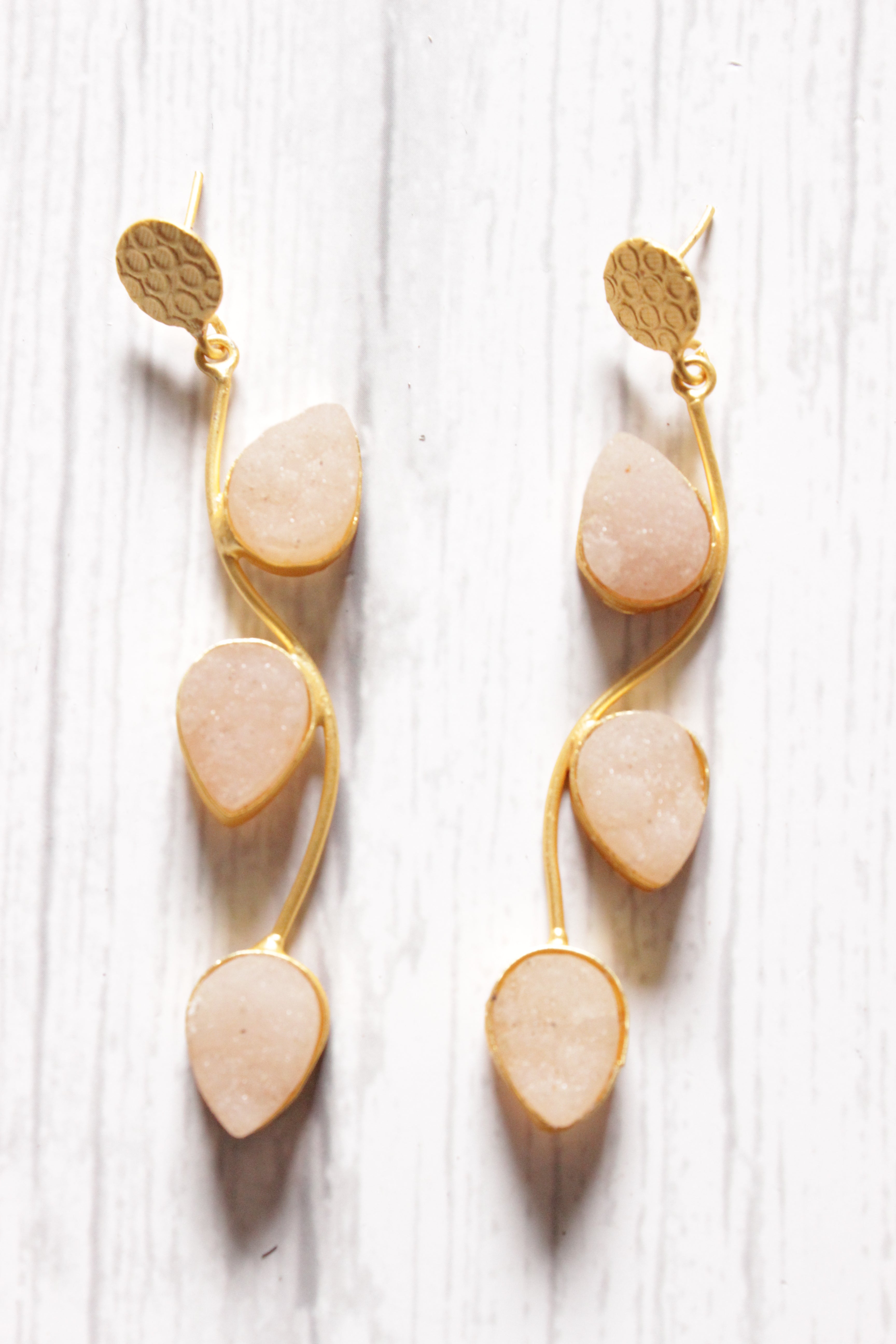 Leaf Motif Baby Pink Natural Stones Embedded Brass Dangler Earrings
