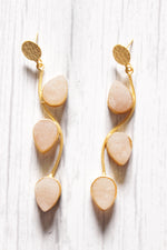 Load image into Gallery viewer, Leaf Motif Baby Pink Natural Stones Embedded Brass Dangler Earrings
