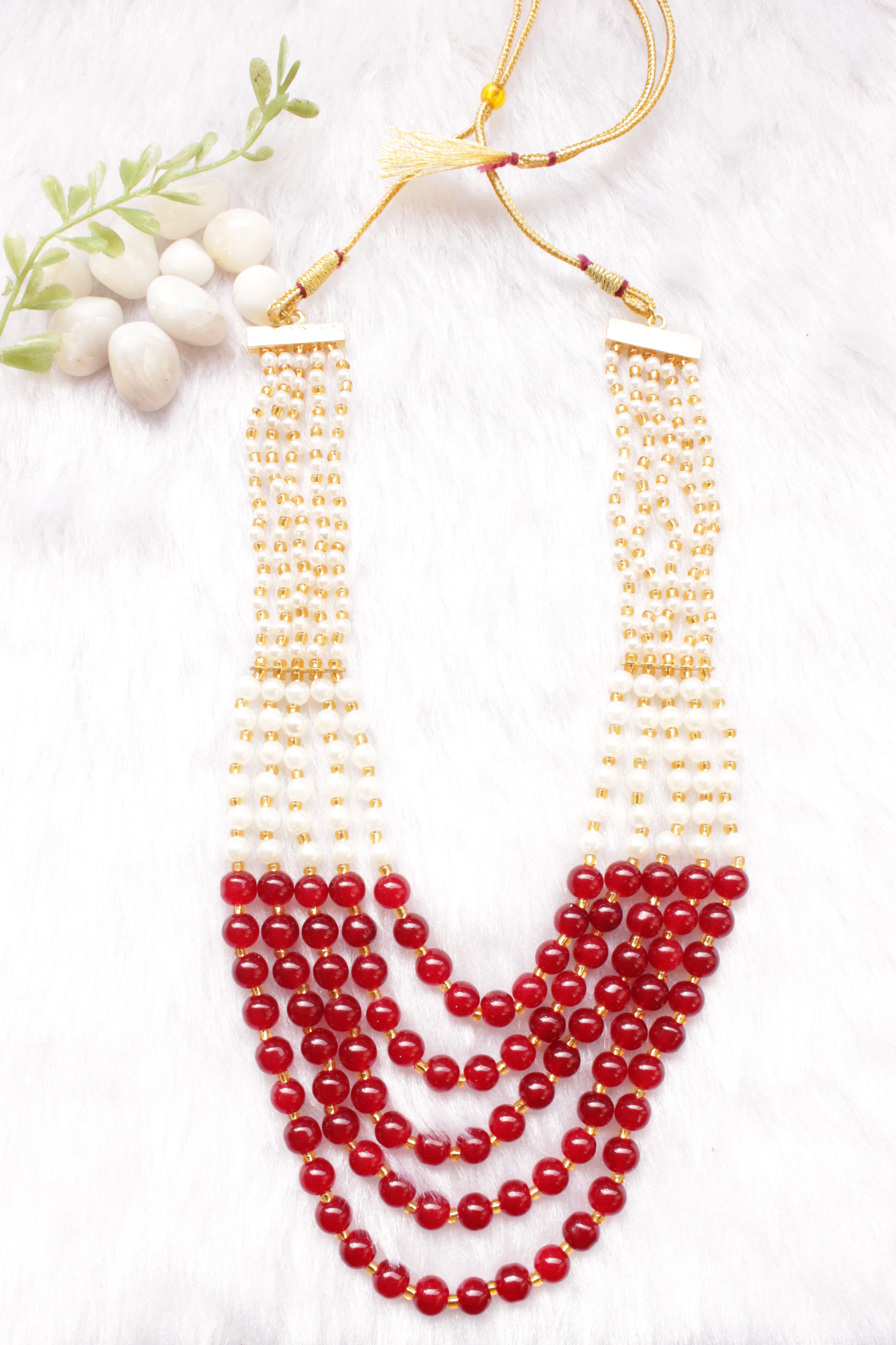 Red and White Glass Beads Braided with Gold Metal Beads 5 Layer Gold Finish Necklace
