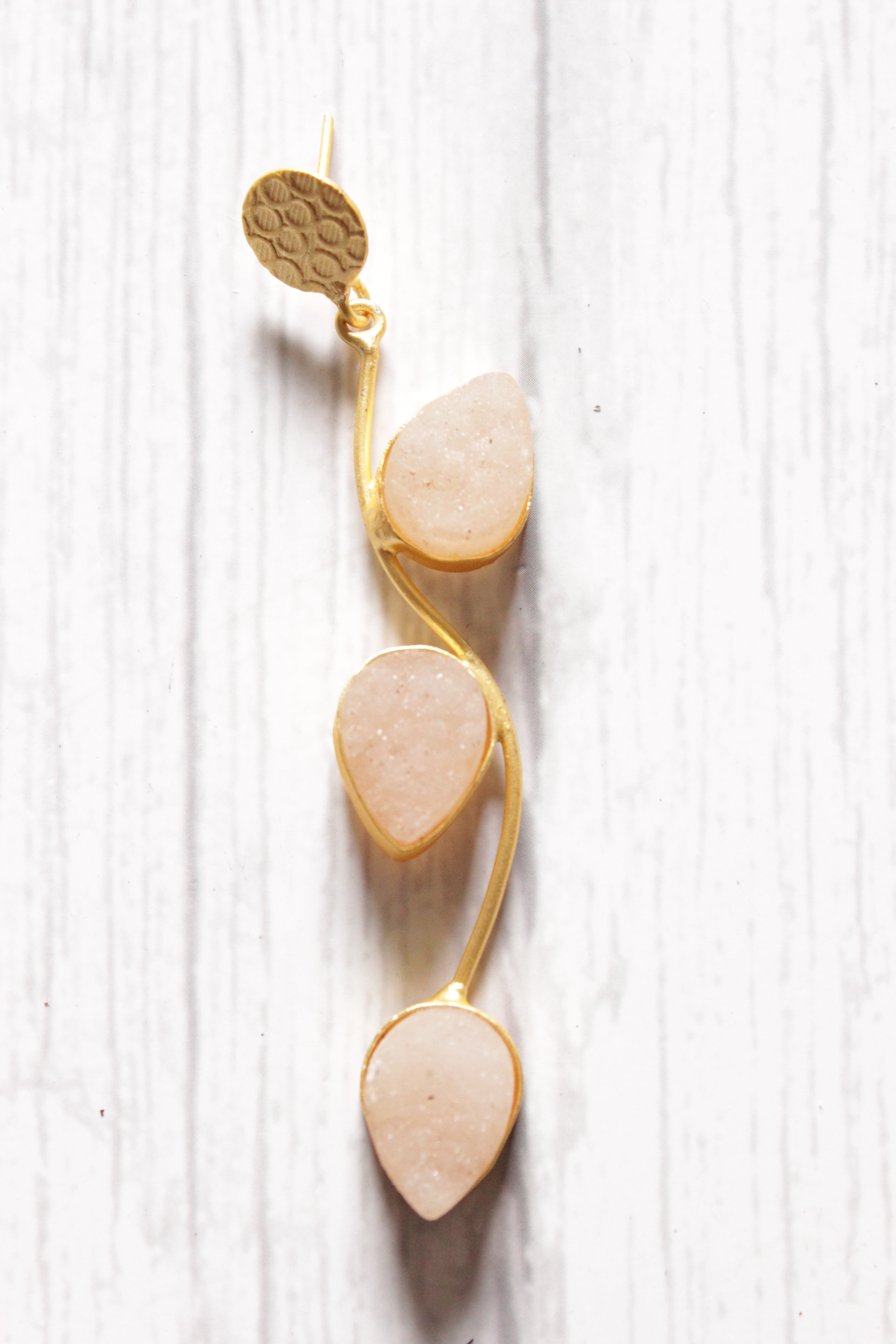Leaf Motif Baby Pink Natural Stones Embedded Brass Dangler Earrings