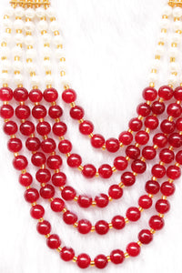 Red and White Glass Beads Braided with Gold Metal Beads 5 Layer Gold Finish Necklace
