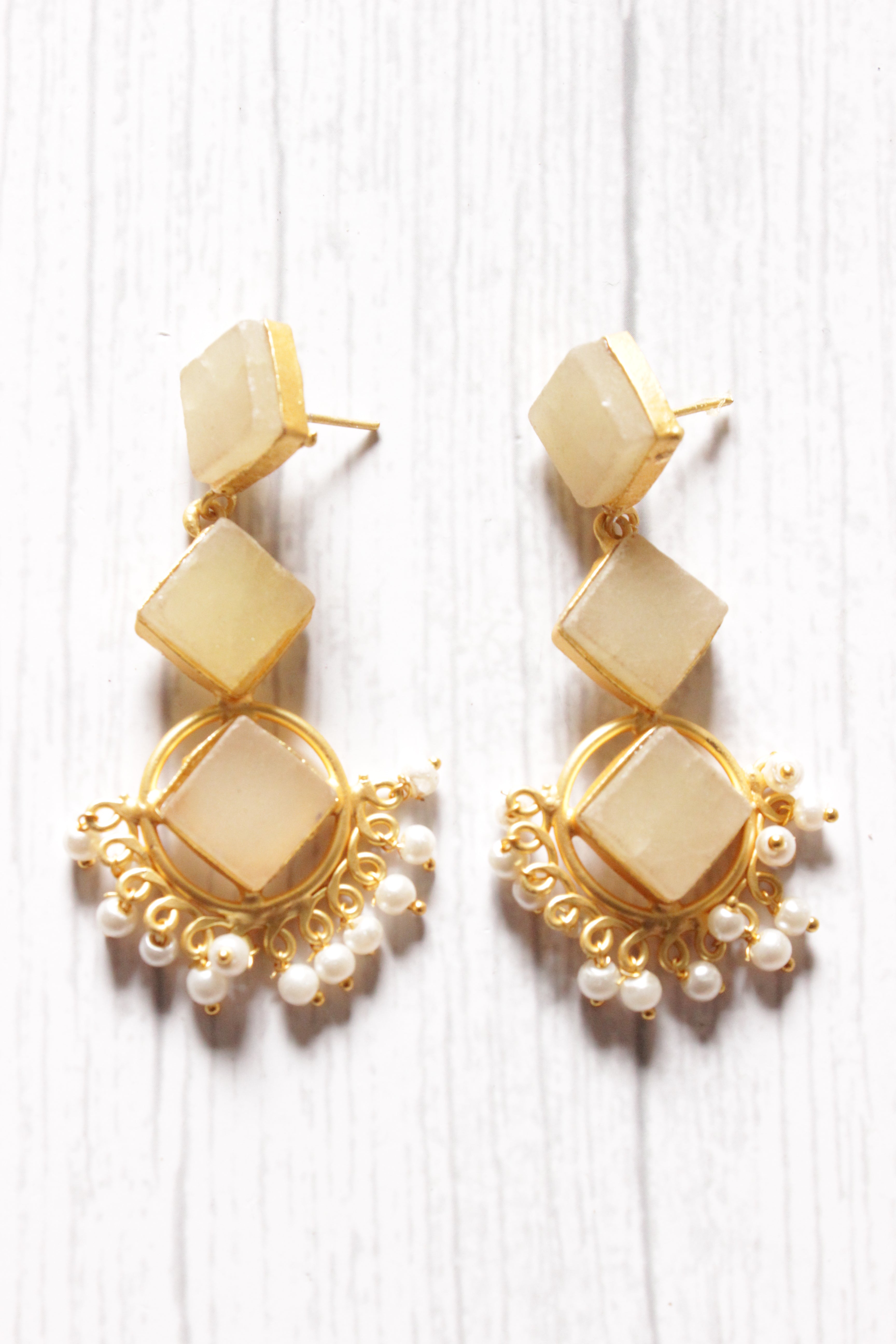 3 Layer Ivory Natural Stones Embedded Brass Dangler Earrings Embellished with White Beads