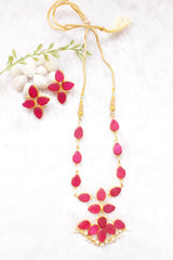 Rose Pink Raw Natural Glass Stones Embedded Gold Toned Adjustable Length Necklace Set