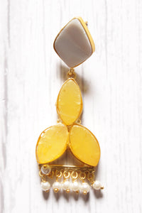 Teardrop Lemon Yellow & Grey Natural Stones Embedded Brass Dangler Earrings