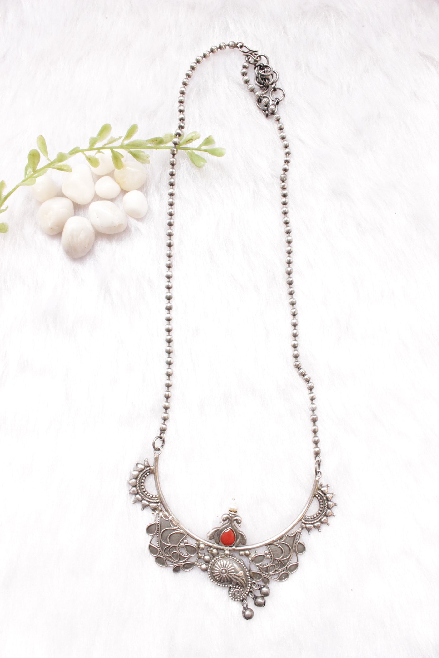 Abstract Motifs Stones Embedded Oxidised Silver Finish Long Chain Necklace