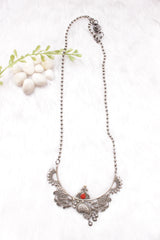 Abstract Motifs Stones Embedded Oxidised Silver Finish Long Chain Necklace