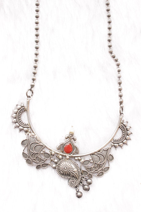 Abstract Motifs Stones Embedded Oxidised Silver Finish Long Chain Necklace