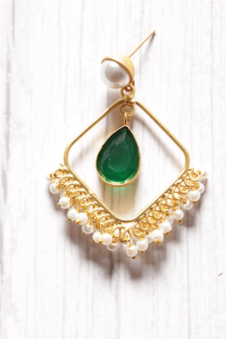 Square Green Onyx Natural Stones Embedded Brass Dangler Earrings Embellished with White Beads