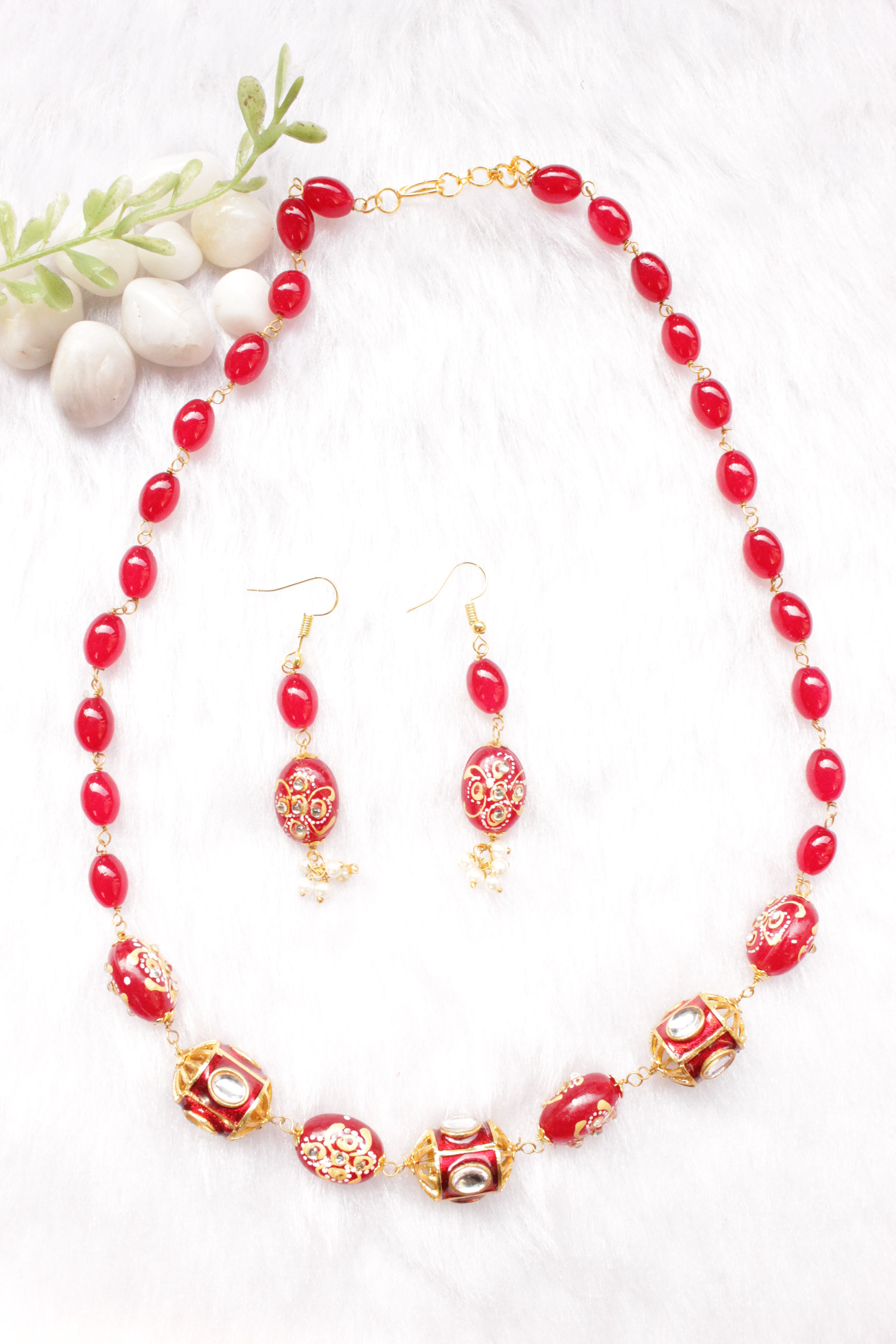 Hand Painted Meenakari Red Acrylic Beads Braised with Red Beads and Kundan Stones Embedded Necklace Set