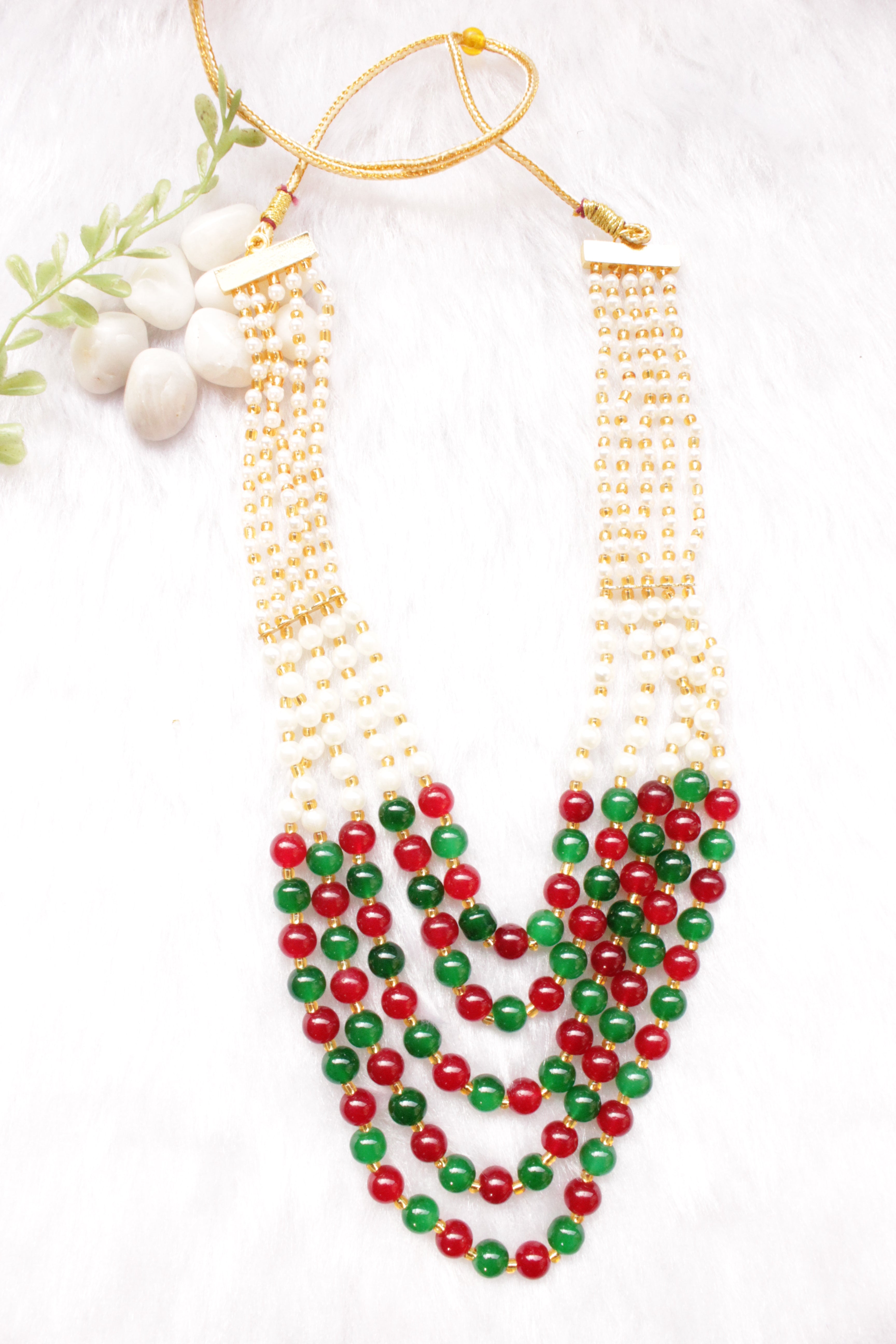 Red, Green and White Glass Beads Braided with Gold Metal Beads 5 Layer Gold Finish Necklace