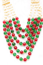 Load image into Gallery viewer, Red, Green and White Glass Beads Braided with Gold Metal Beads 5 Layer Gold Finish Necklace
