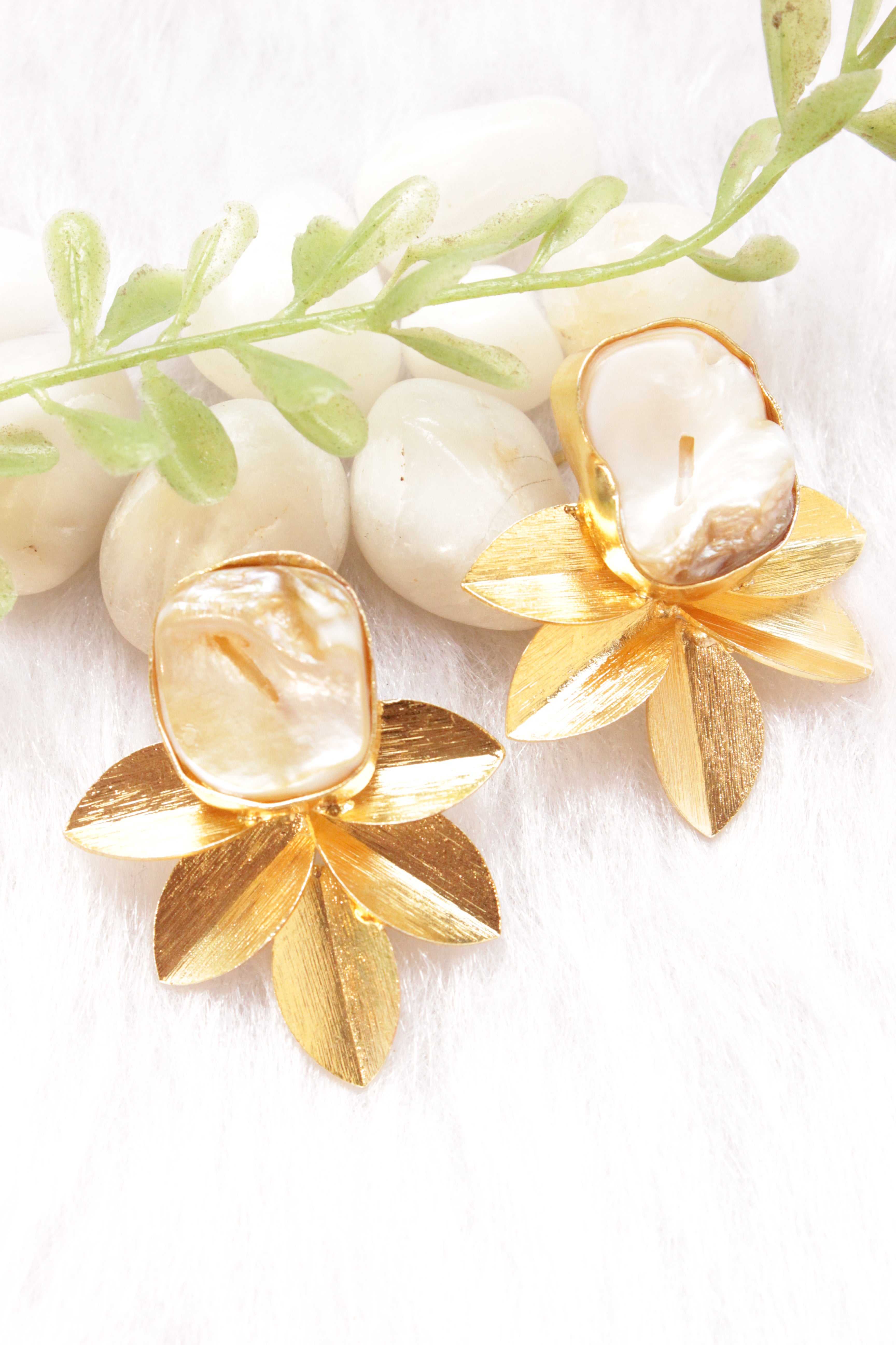 Baroque Pearl Raw Natural Gemstone Embedded Brass Stud Earrings