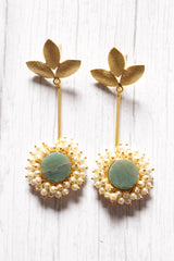 Sea Blue Natural Stones Embedded Brass Dangler Earrings Embellished with White Beads