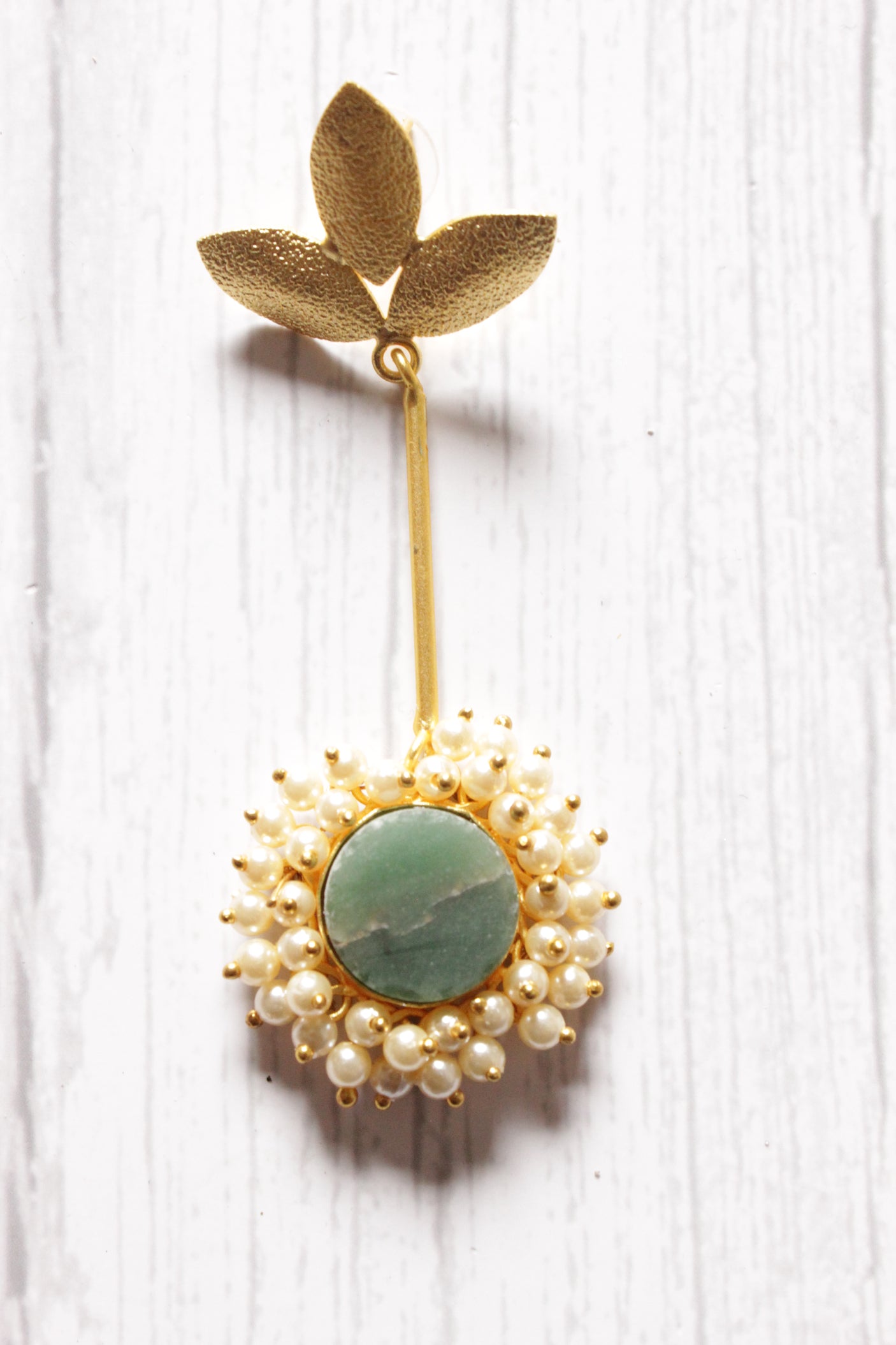 Sea Blue Natural Stones Embedded Brass Dangler Earrings Embellished with White Beads