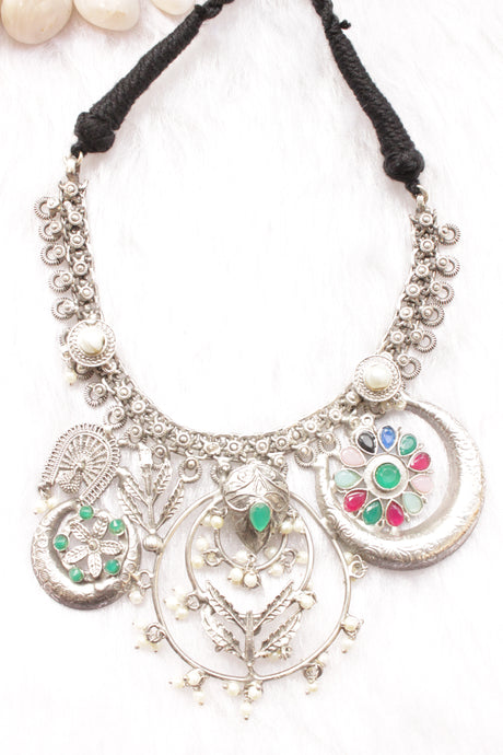 Multi-Color Gemstones Embedded Silver Finish Adjustable Length Choker Necklace