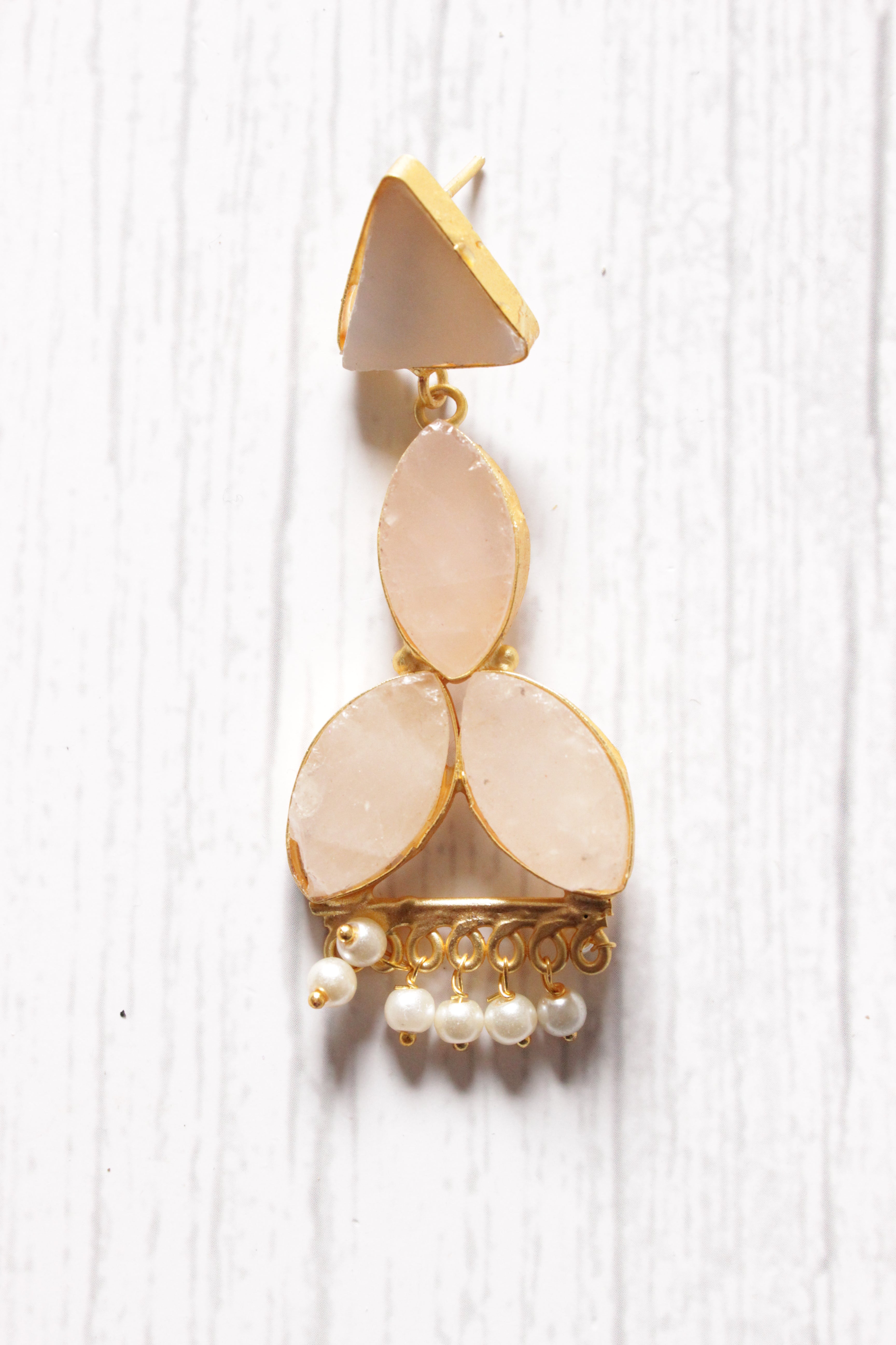 Baby Pink Natural Stones Embedded Teardrop Brass Dangler Earrings