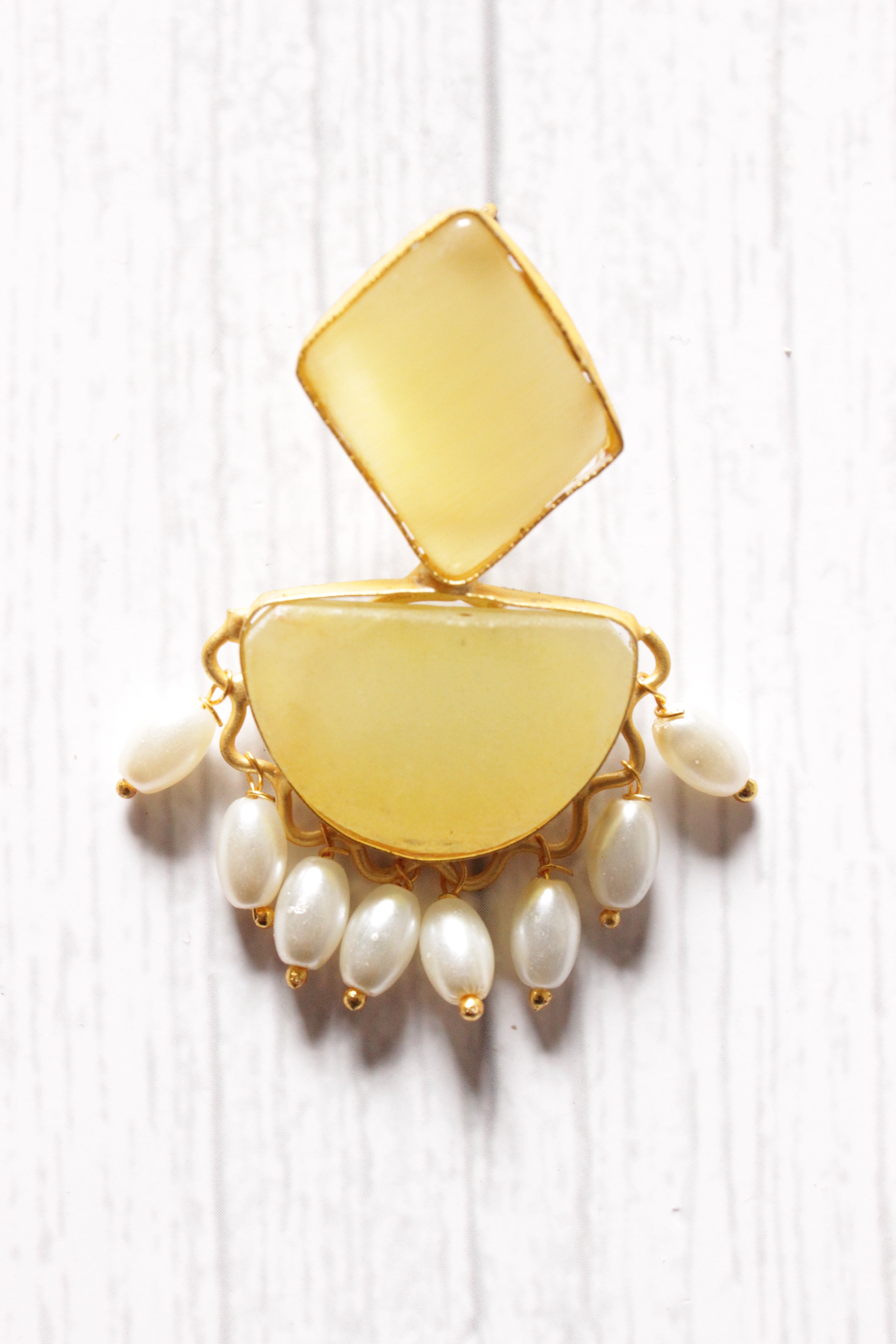 Lemon Yellow Natural Stones Embedded Brass Dangler Earrings