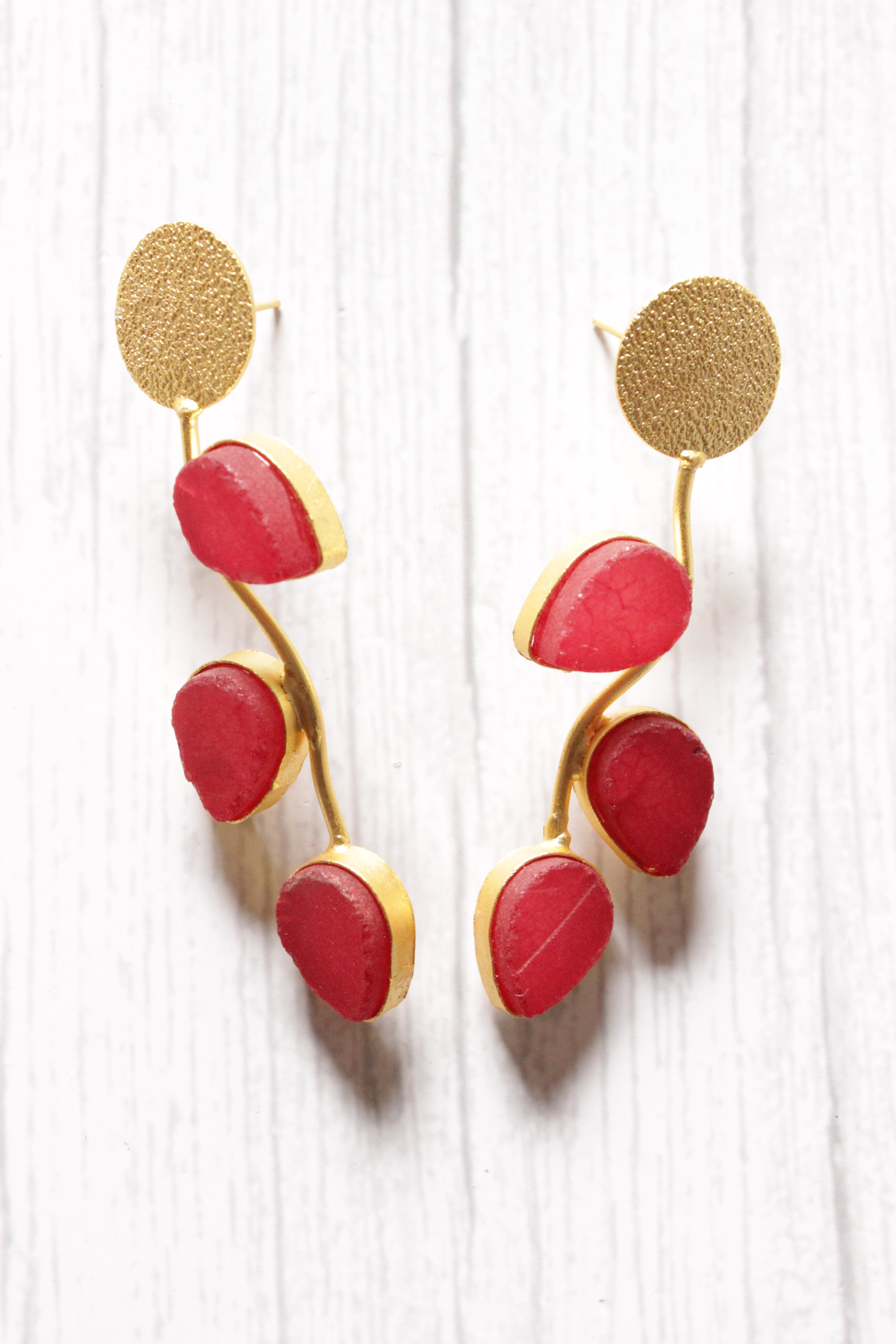 Red Teardrop Natural Stones Embedded Leaf Motif Brass Dangler Earrings